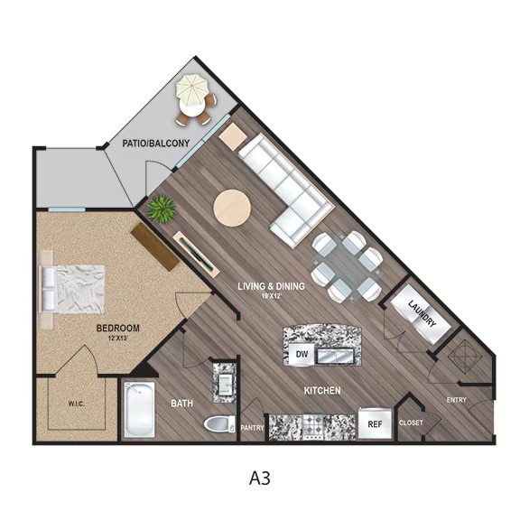 A3 One Bedroom, One Bathroom 12219 floor plan